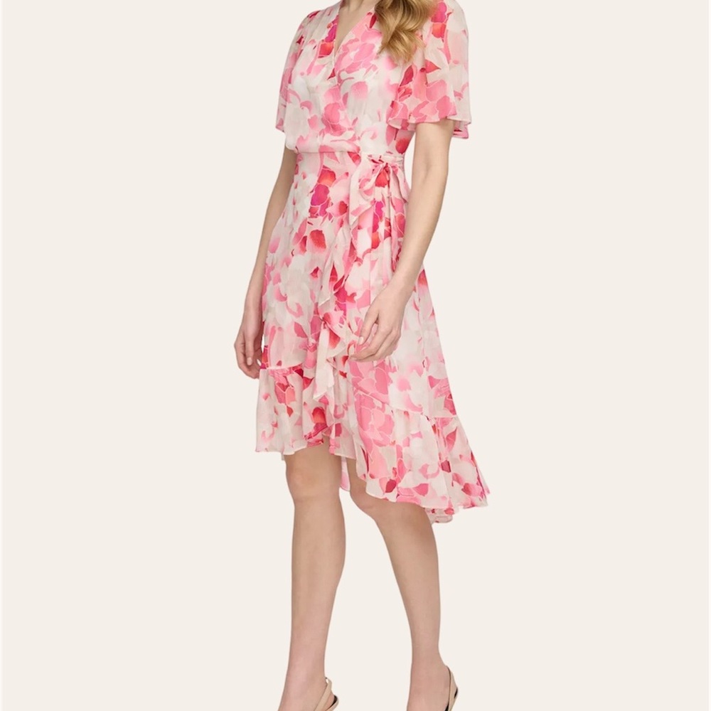 NWT Calvin Klein Surplice V-Neck Short Flutter Sleeve Ruffle MIDI Dress Size 16